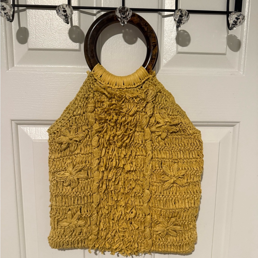 Anthropologie Rosalita Rafia Yellow Fringe Tote Bag - Picture 4 of 16